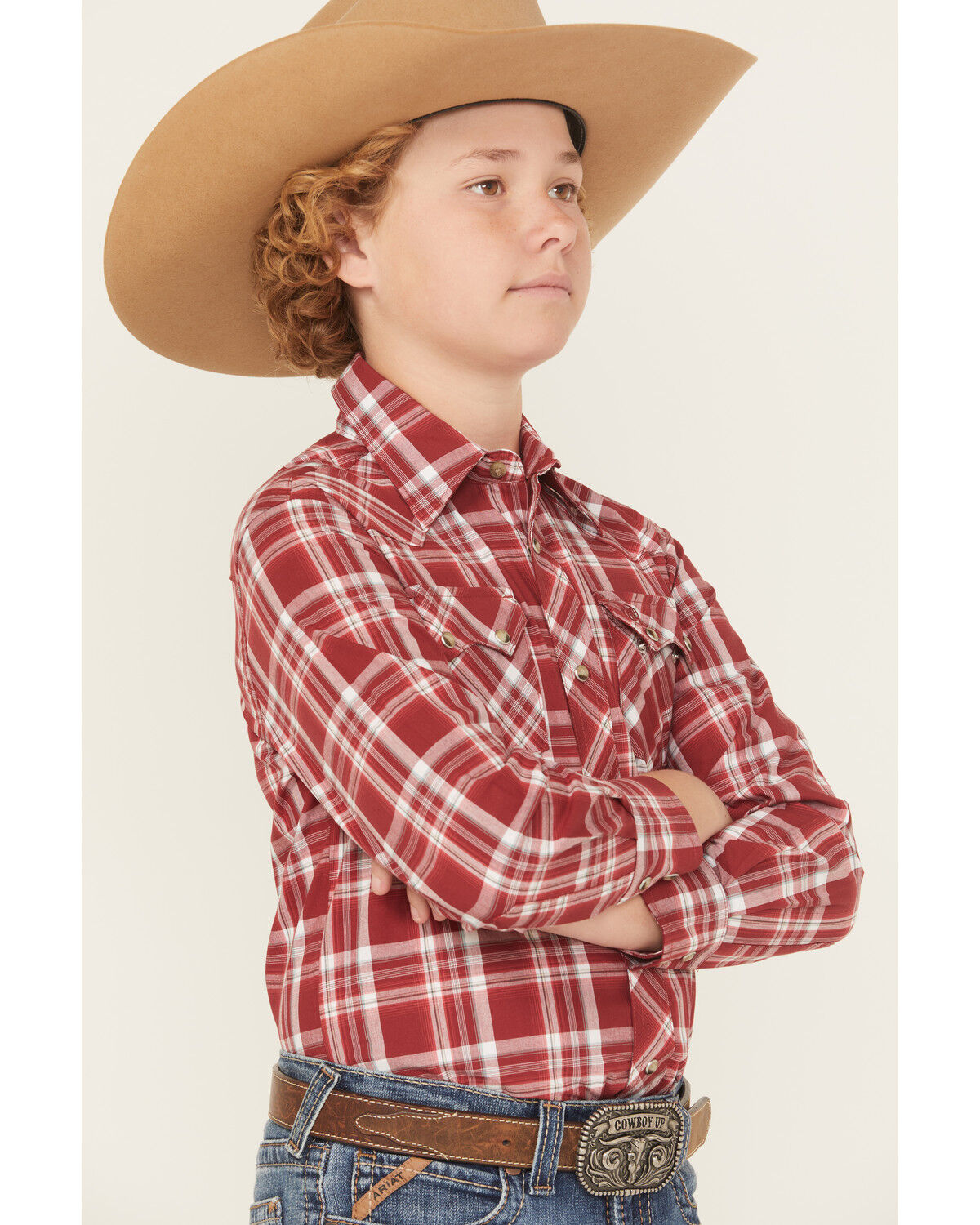 Image #2 - Wrangler Retro Boys' Plaid Print Long Sleeve Snap Western Shirt, Red, hi-res
