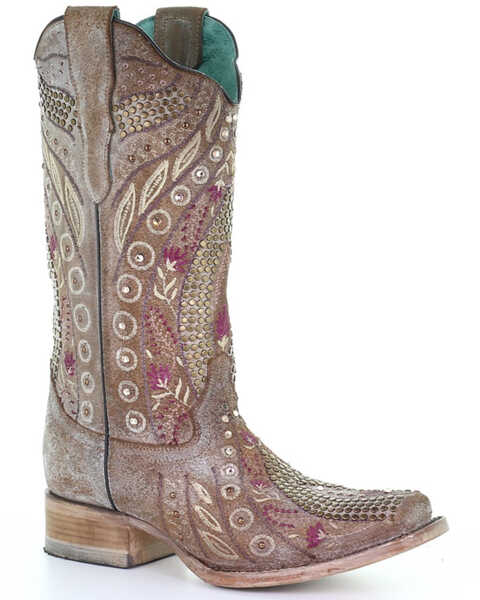 Image #1 - Corral Women's Flowered Embroidery Western Boots - Square Toe, Taupe, hi-res