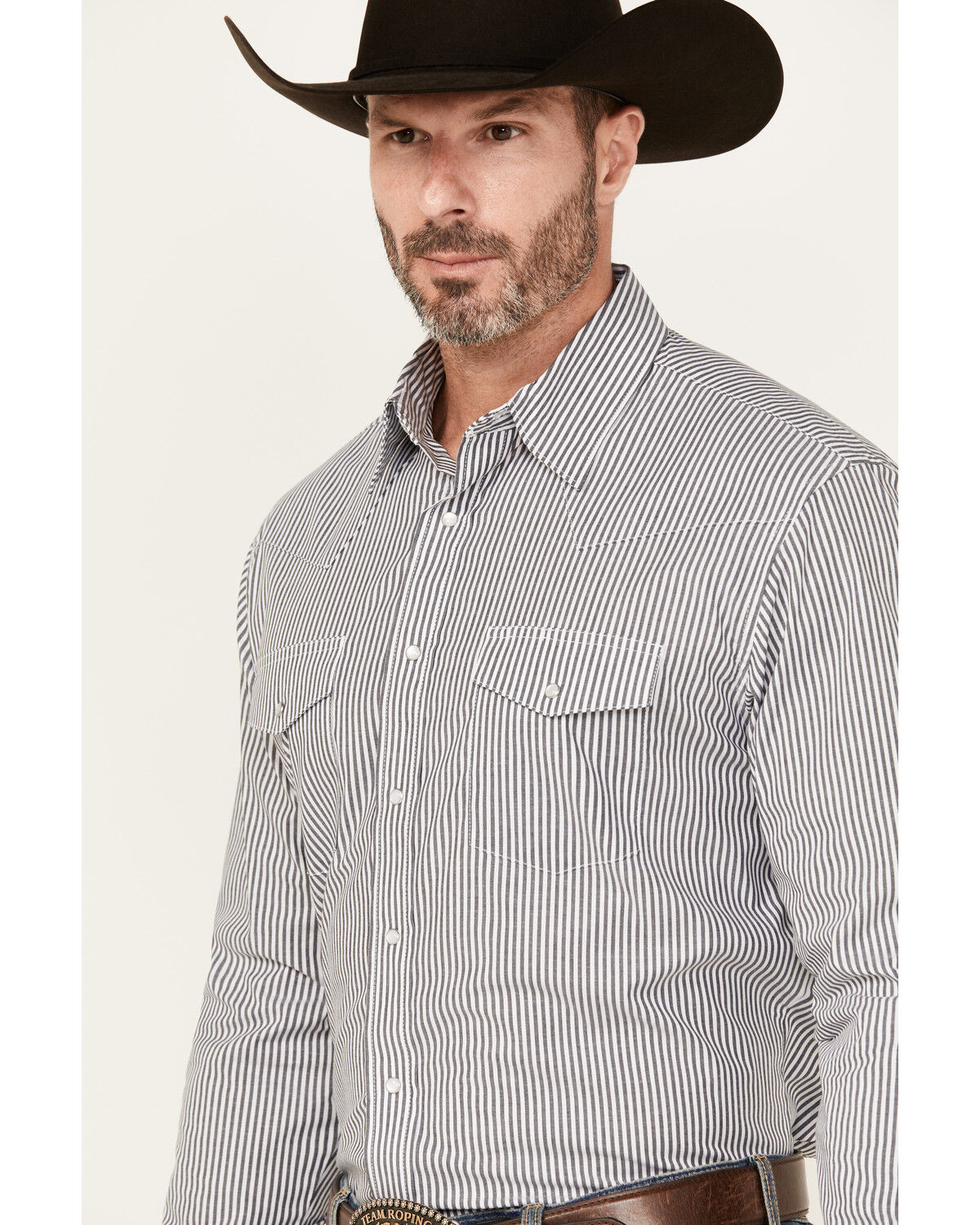 Image #2 - Wrangler Men's Striped Print Long Sleeve Snap Stretch Western Print, Charcoal, hi-res