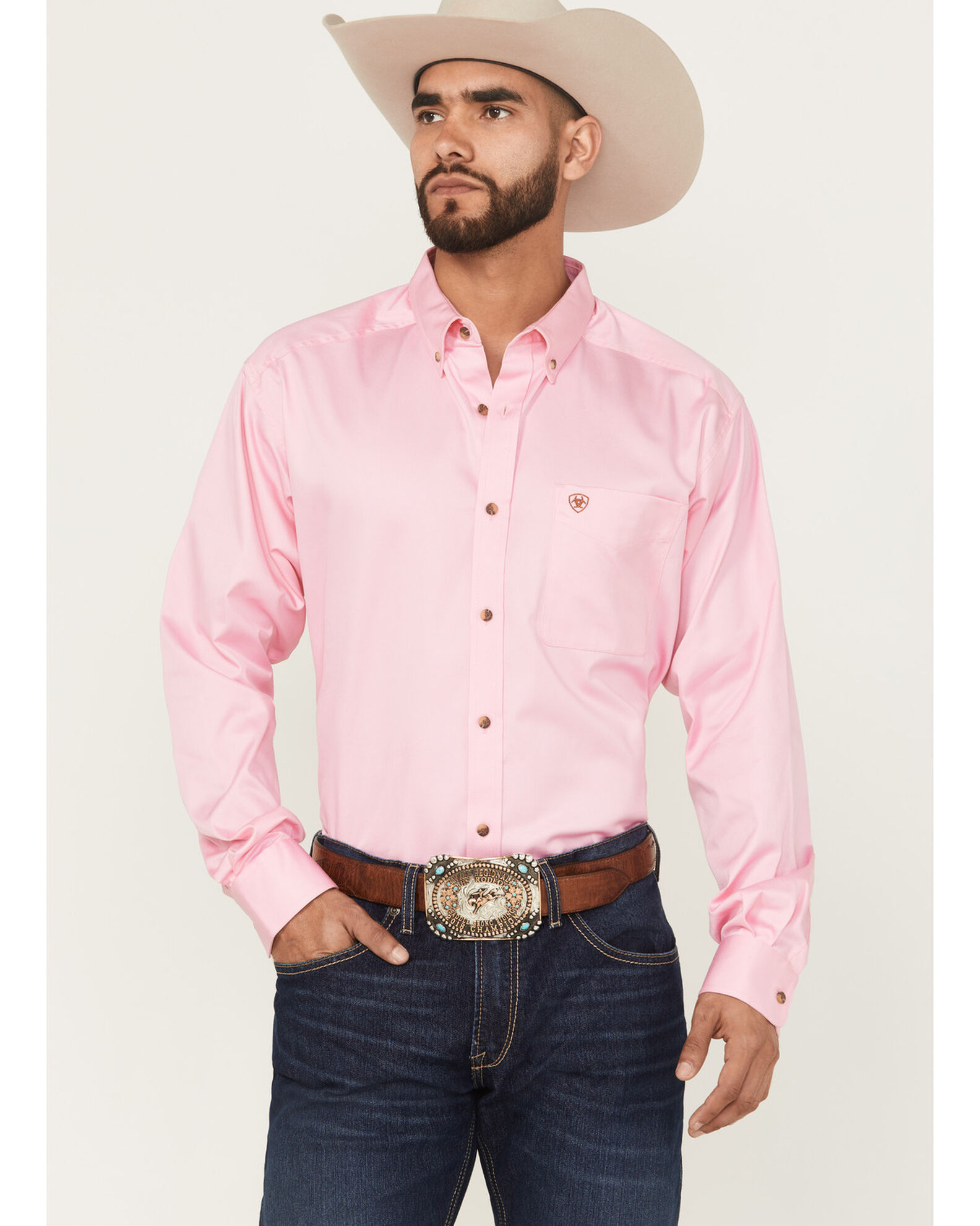 Image #1 - Ariat Men's Classic Fit Solid Twill Long Sleeve Button Down Western Shirt, Pink, hi-res