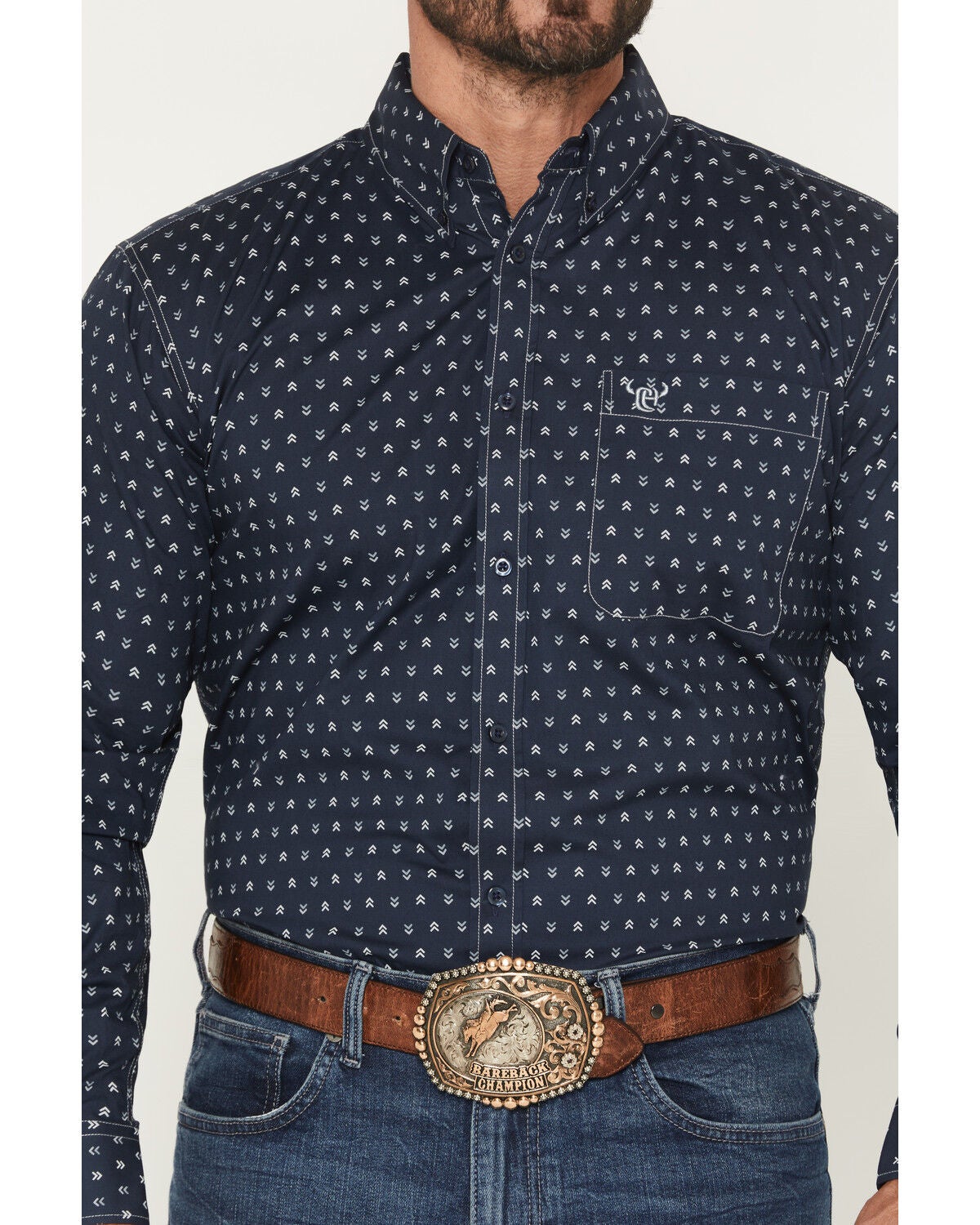 Image #3 - Cowboy Hardware Men's Mini Chevron Print Long Sleeve Button-Down Stretch Western Shirt, Navy, hi-res