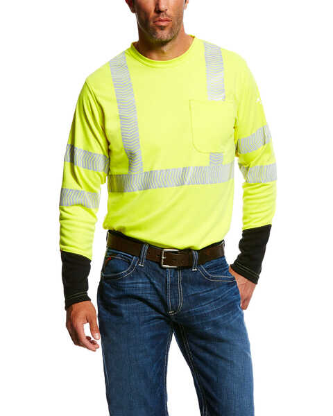 Ariat Men's FR Crew Hi-Vis Long Sleeve Work Pocket T-Shirt - Big & Tall , Yellow, hi-res
