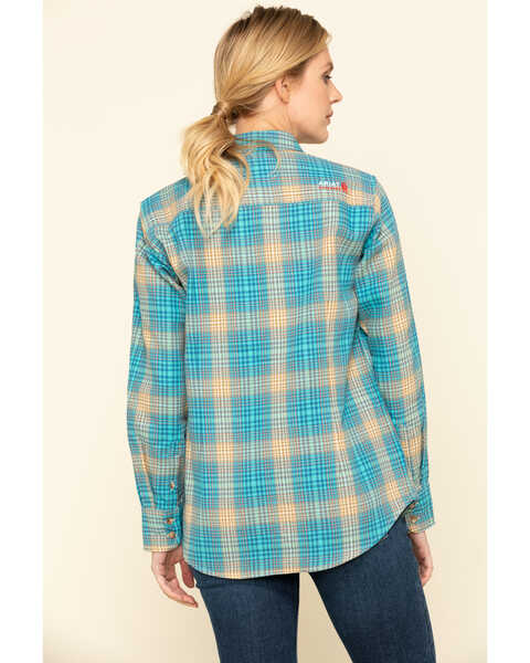 Image #2 - Ariat Women's Boot Barn Exclusive FR Savana Plaid Print Long Sleeve Work Shirt, Blue, hi-res