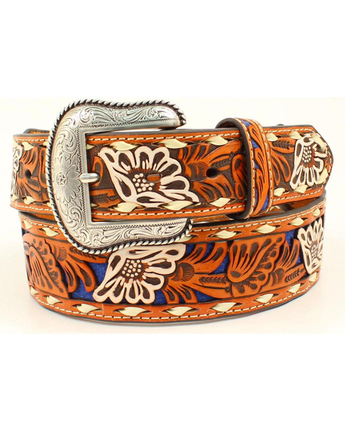 Image #1 - Nocona Men's Inlay Floral Embossed Western Belt, Blue, hi-res
