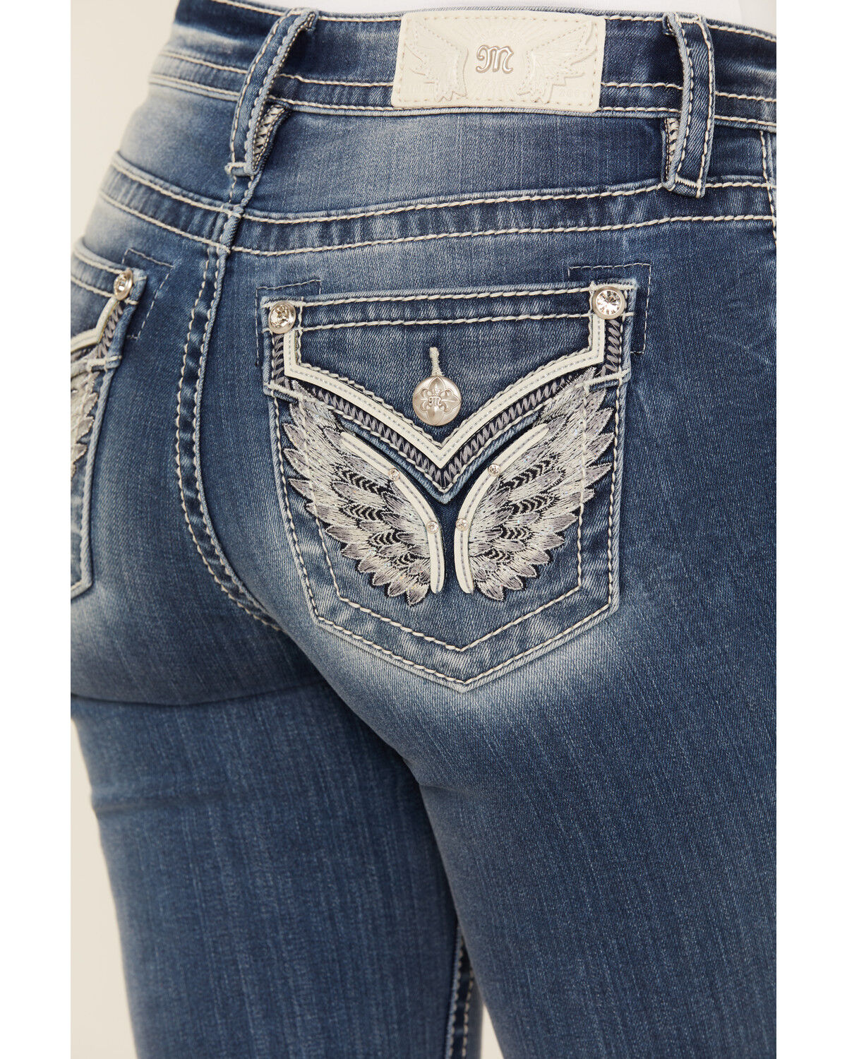 Image #2 - Miss Me Women's Medium Wash Mid Rise Wing Pocket Bootcut Stretch Denim Jeans, Medium Wash, hi-res