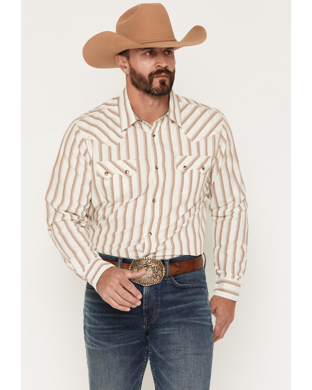 Cody James Men's Trigger Striped Print Long Sleeve Snap Western Shirt, Cream, hi-res