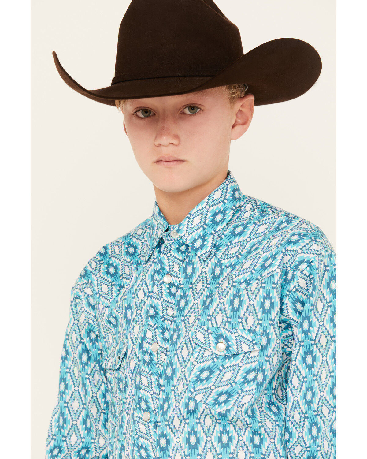 Image #2 - Rock & Roll Denim Boys' Southwestern Print Long Sleeve Pearl Snap Western Shirt, Turquoise, hi-res