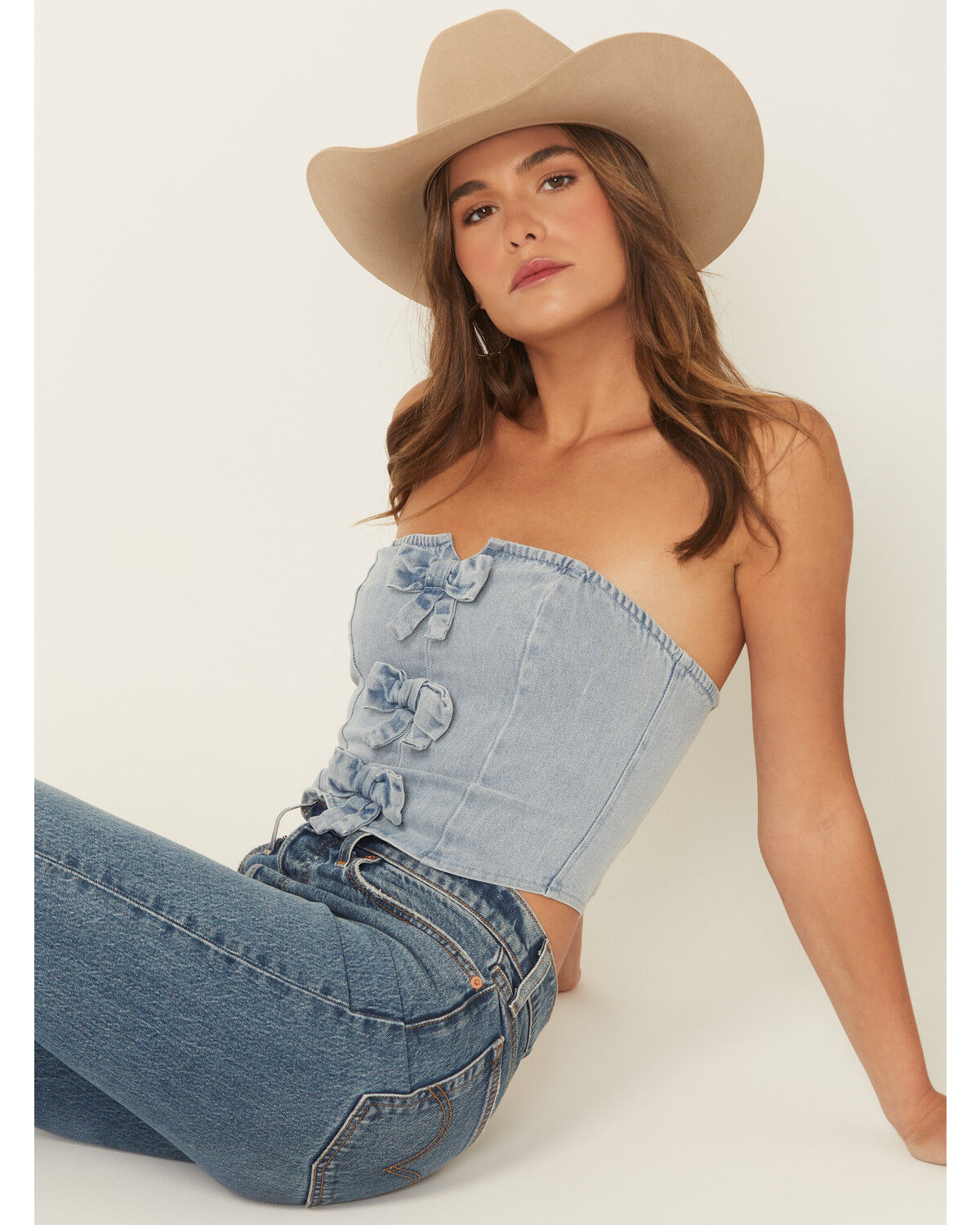 Image #1 - Blue B Women's Bow Tie Denim Bustier, Light Wash, hi-res