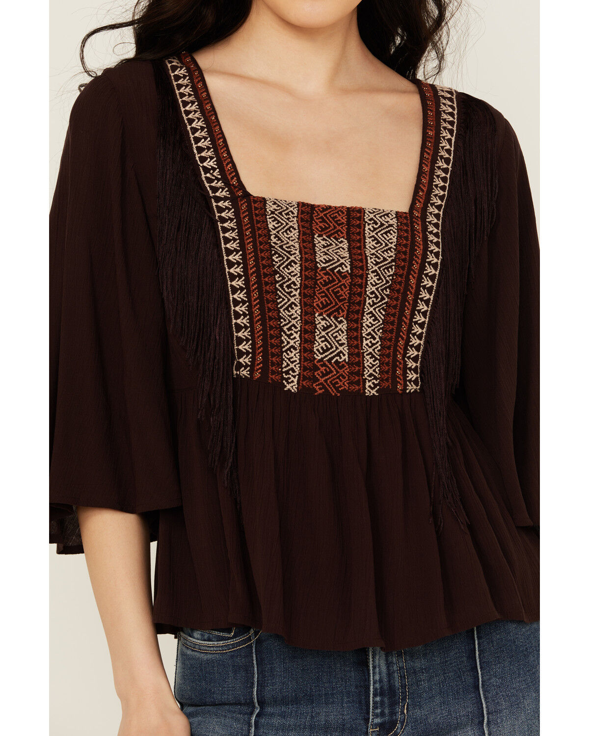 Image #3 - Shyanne Women's Embroidered Fringe Short Sleeve Shirt, Chocolate, hi-res