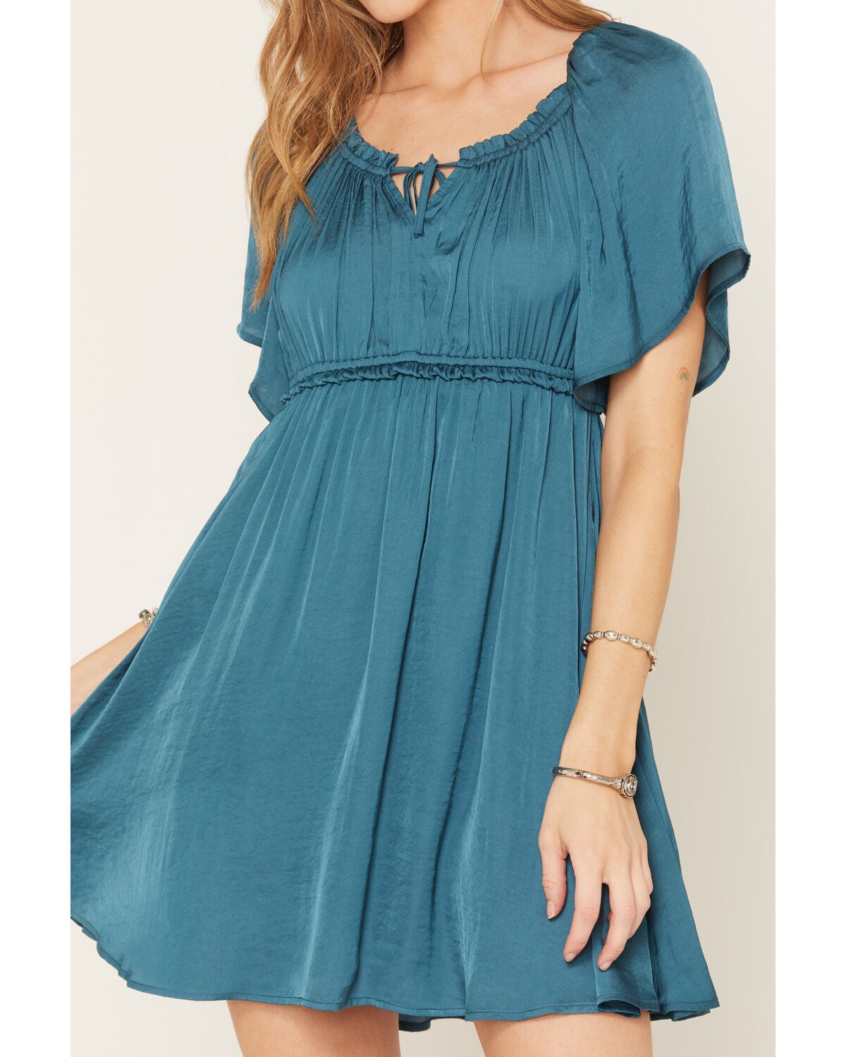 Image #3 - Shyanne Women's Hailey Satin Flounce Short Sleeve Mini Dress, Teal, hi-res