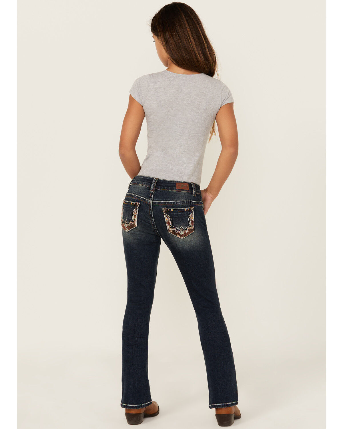 Image #1 - Shyanne Girls' Medium Wash Cowhide Pocket Bootcut Stretch Denim Jeans, Medium Wash, hi-res