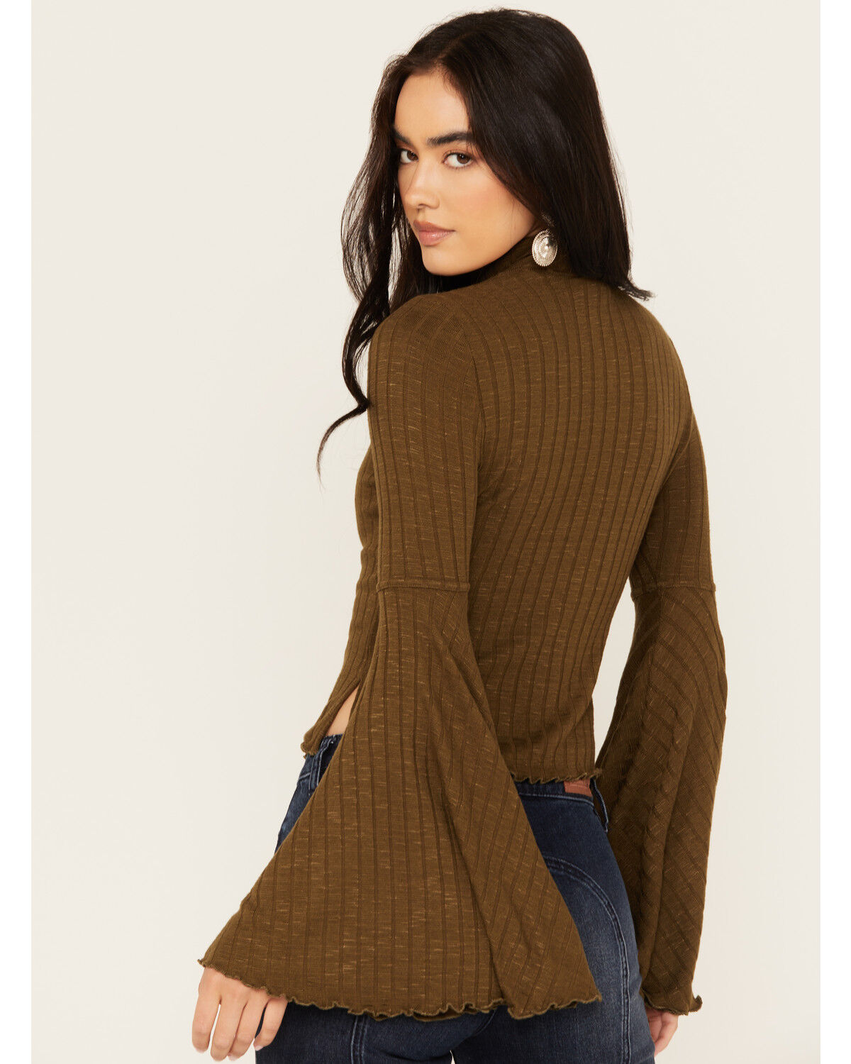 Image #4 - Shyanne Women's Rib Knit Mock Neck Bell Sleeve Top, Forest Green, hi-res