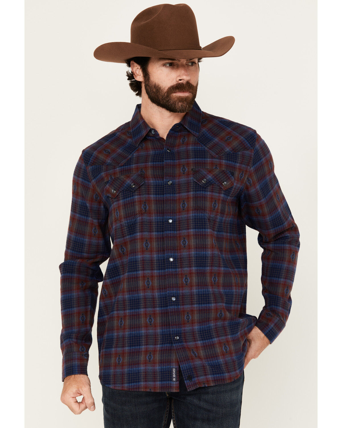 Image #1 - Moonshine Spirit Men's Fireland Dobby Plaid Print Long Sleeve Snap Western Shirt, Burgundy, hi-res