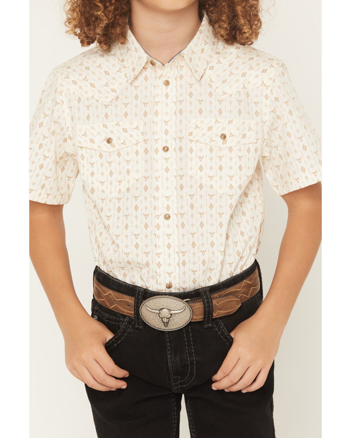 Image #3 - Cody James Boys' Jace Southwestern Print Short Sleeve Snap Western Shirt, Blue, hi-res