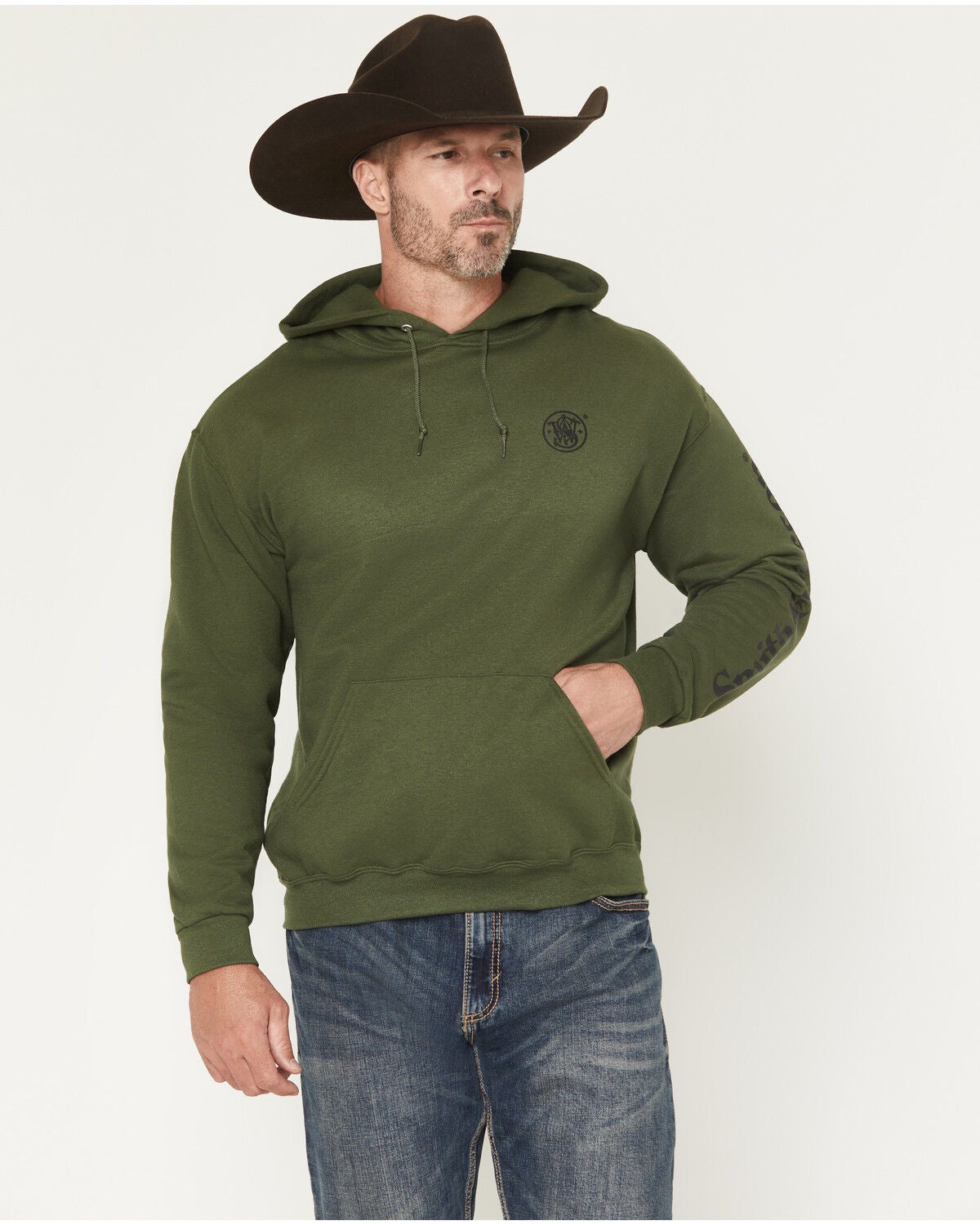 Smith & Wesson Men's Logo Sleeve Hooded Sweatshirt, Olive, hi-res