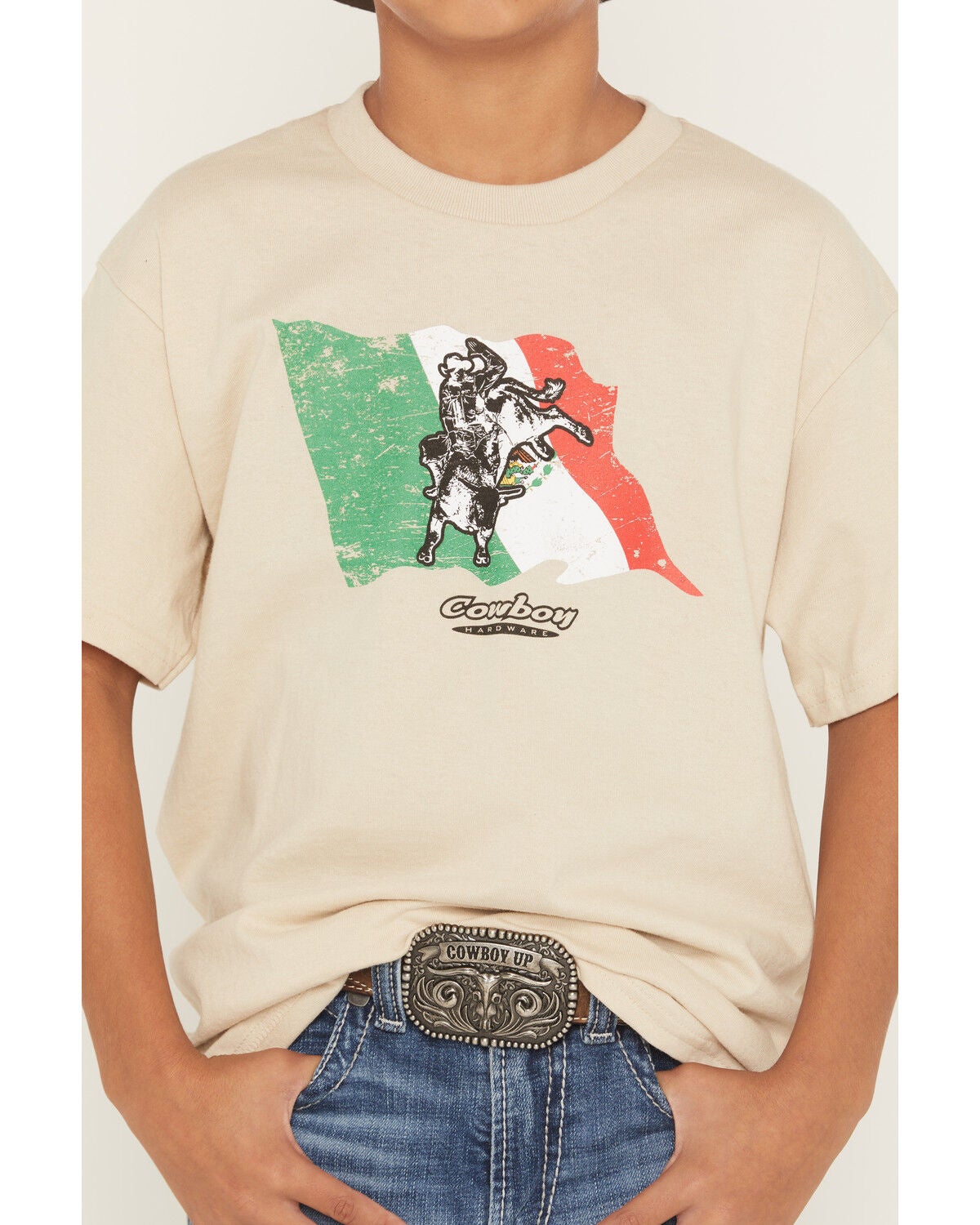 Image #3 - Cowboy Hardware Boys' Bullrider Mexican Flag Short Sleeve Graphic T-Shirt, Sand, hi-res