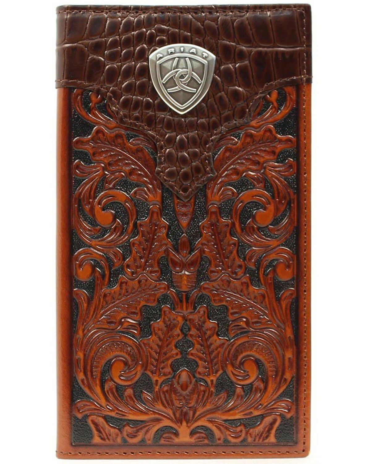 Ariat Men's Croc Print Overlay Tooled Rodeo Wallet, Tan, hi-res