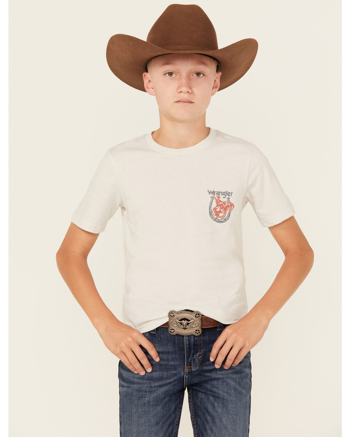 Image #1 - Wrangler Boys' Americana Horseshoe Short Sleeve Graphic T-Shirt, White, hi-res