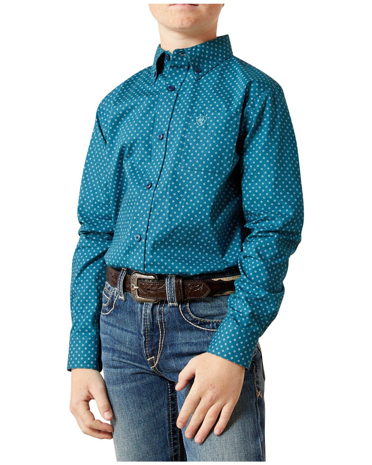 Image #1 - Ariat Boys' Tyce Geo Print Long Sleeve Button-Down Western Shirt, Blue, hi-res