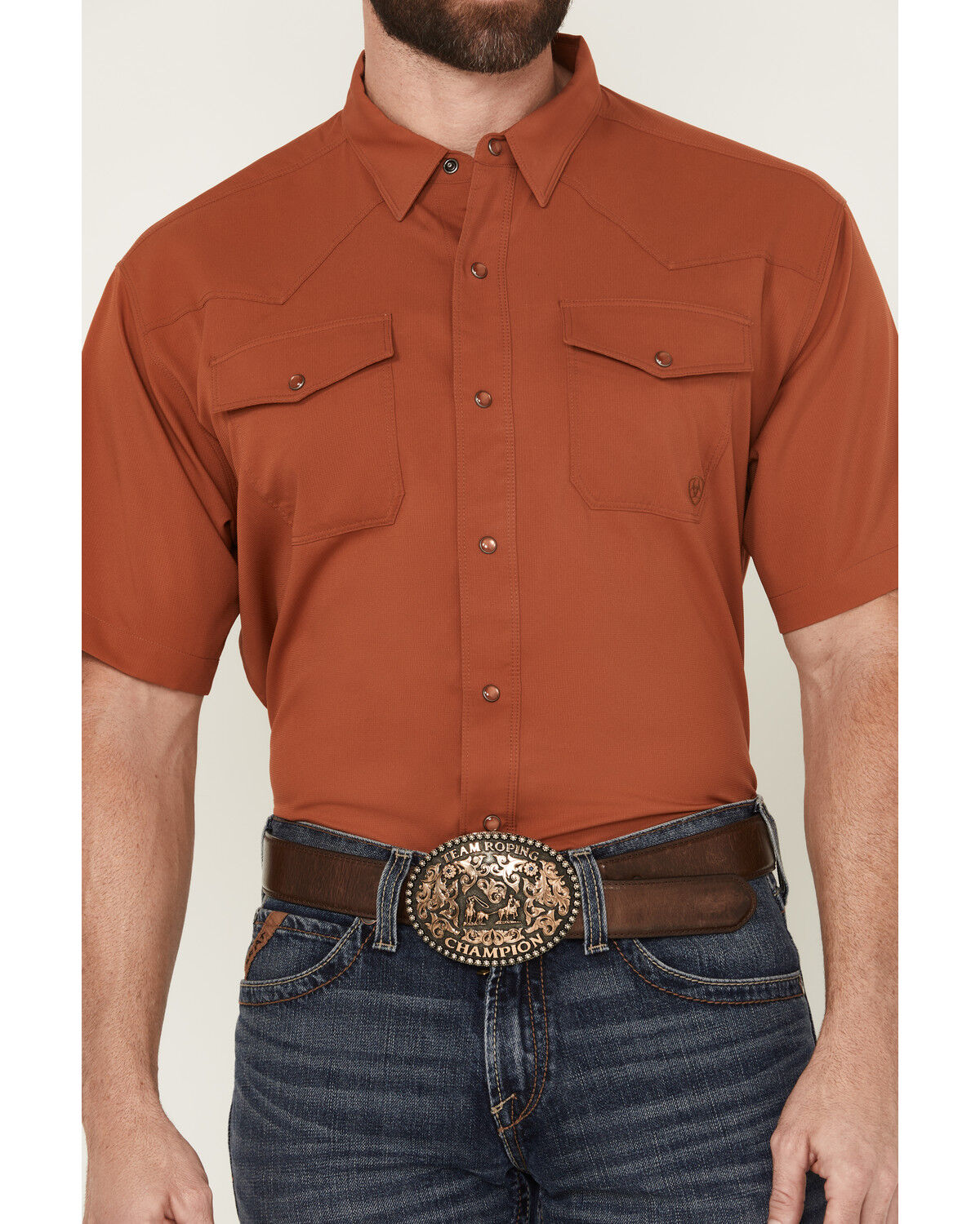Image #3 - Ariat Men's VentTek Solid Short Sleeve Snap Performance Western Shirt - Tall, Rust Copper, hi-res