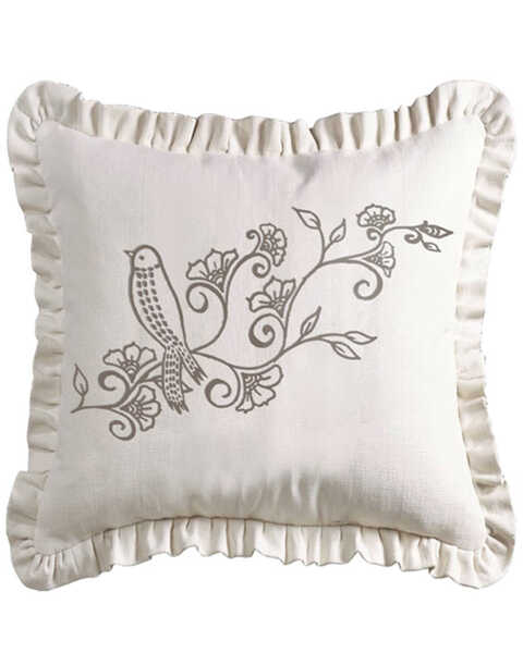 HiEnd Accents Gramercy White Linen Weave Ruffled Pillow with Embroidery Detail, Multi, hi-res