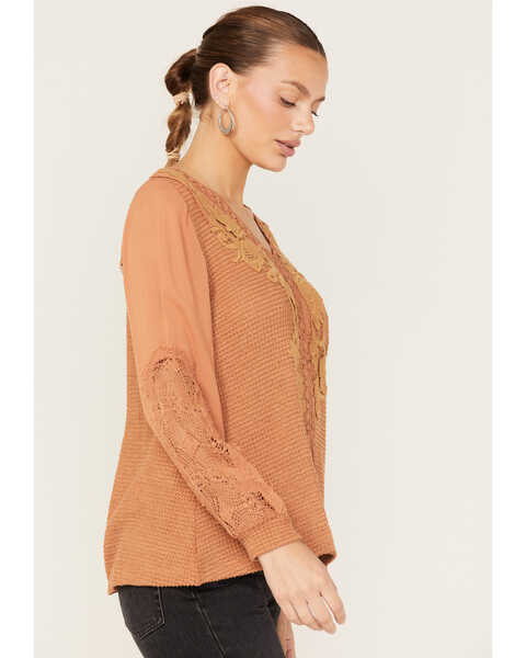 Image #2 - Miss Me Women's Floral Embroidered Knit Top, Rust Copper, hi-res
