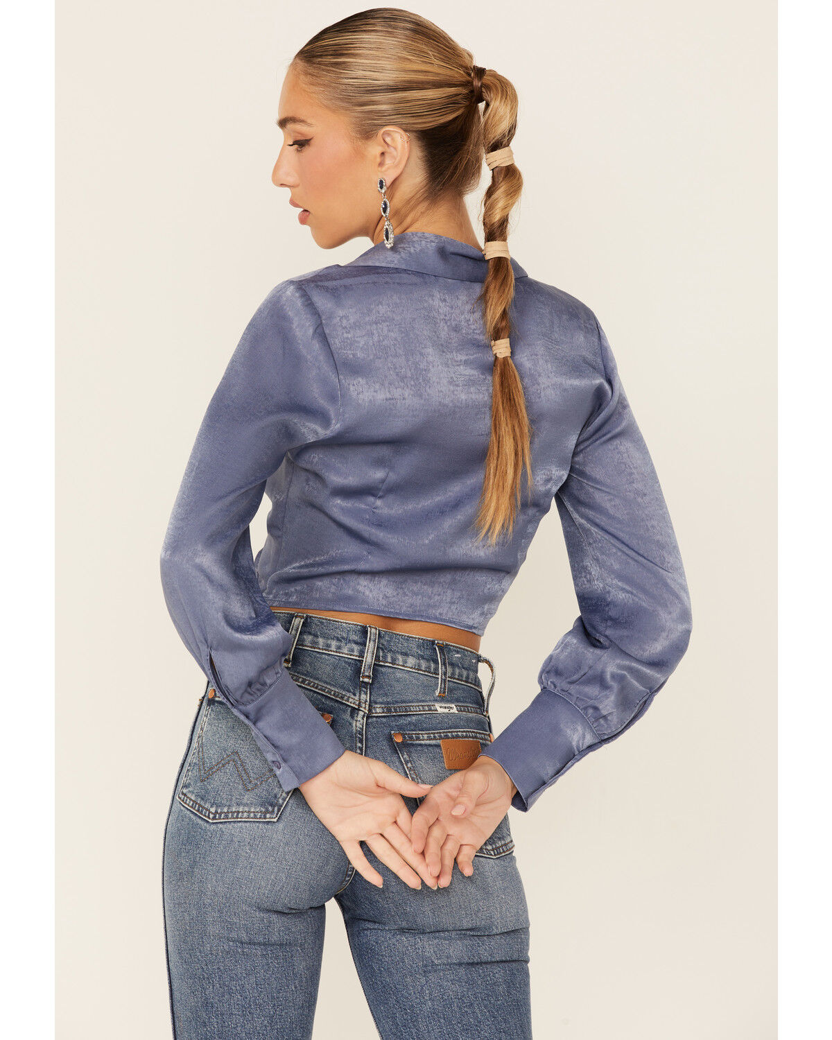 Image #3 - Lush Women's Satin Cinch Front Blouse, Blue, hi-res