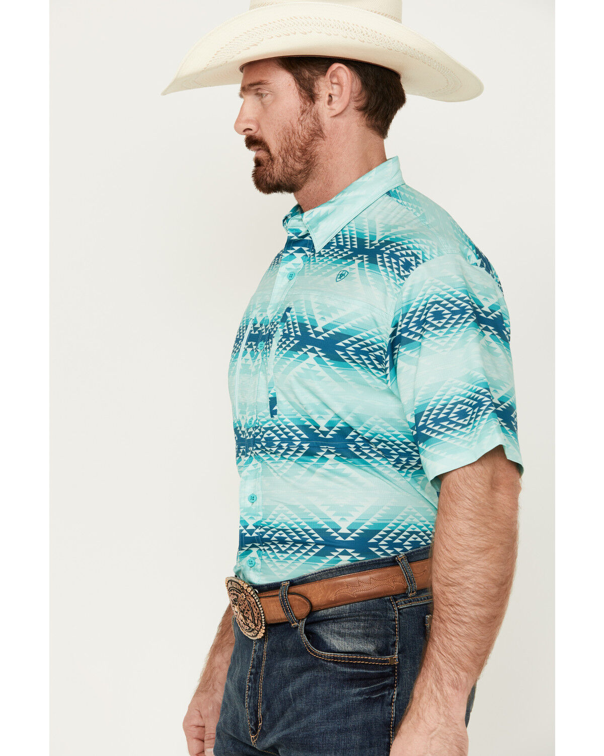 Image #2 - Ariat Men's VentTEK Classic Fit Southwestern Striped Short Sleeve Performance Shirt, Aqua, hi-res