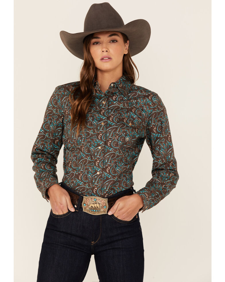 Roper Women's Brown Amarillo Paisley Print Snap Western Shirt, Brown, hi-res