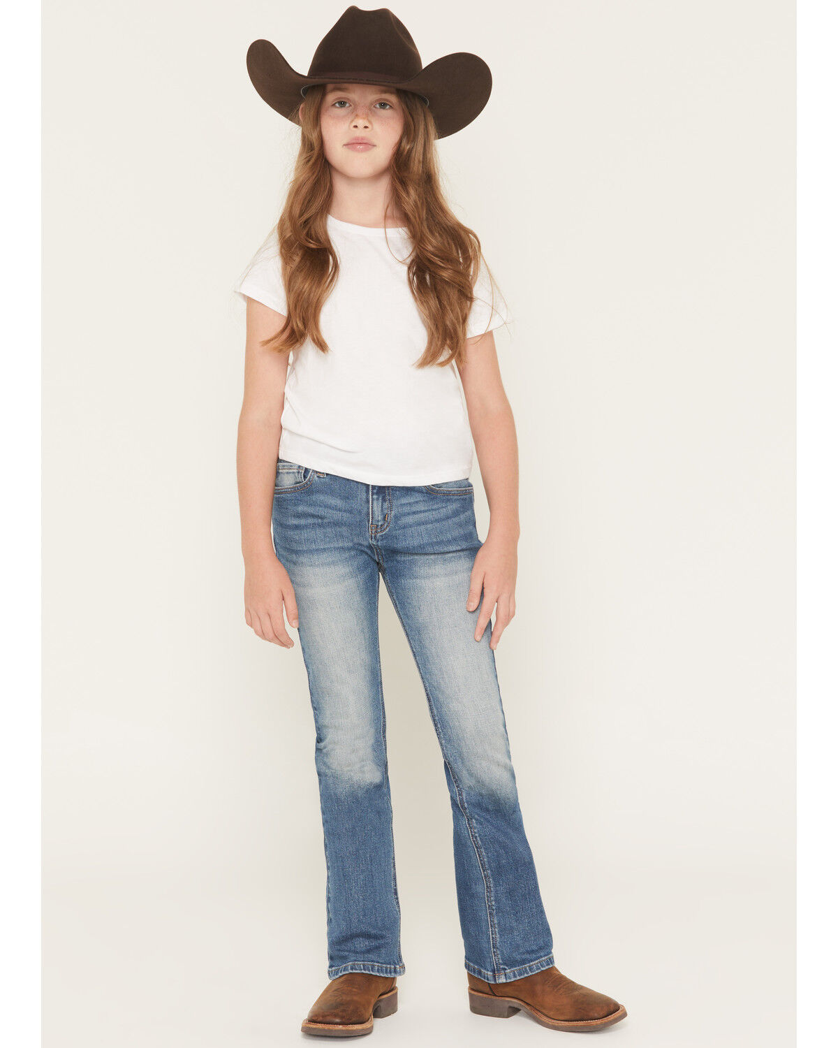 Image #3 - Shyanne Little Girls' Rome Dark Wash Embellished Pocket Bootcut Stretch Denim Jeans, Dark Wash, hi-res