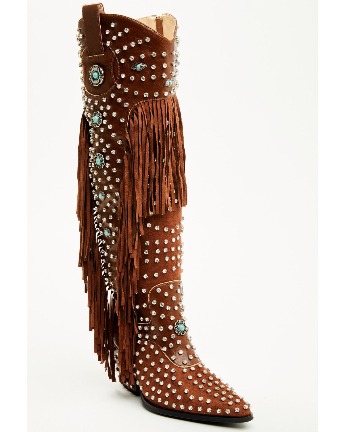 Azalea Wang Women's Bennett Embellished Fringe Tall Fashion Boots - Snip Toe, Brown, hi-res