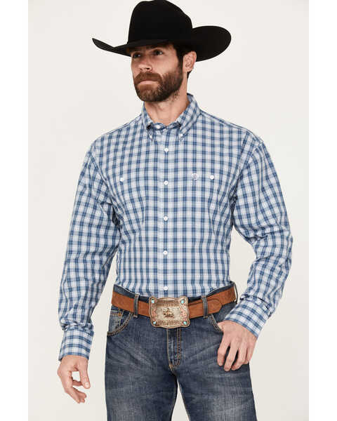 Image #1 - George Strait by Wrangler Men's Plaid Print Long Sleeve Button Down Western Shirt, Blue, hi-res