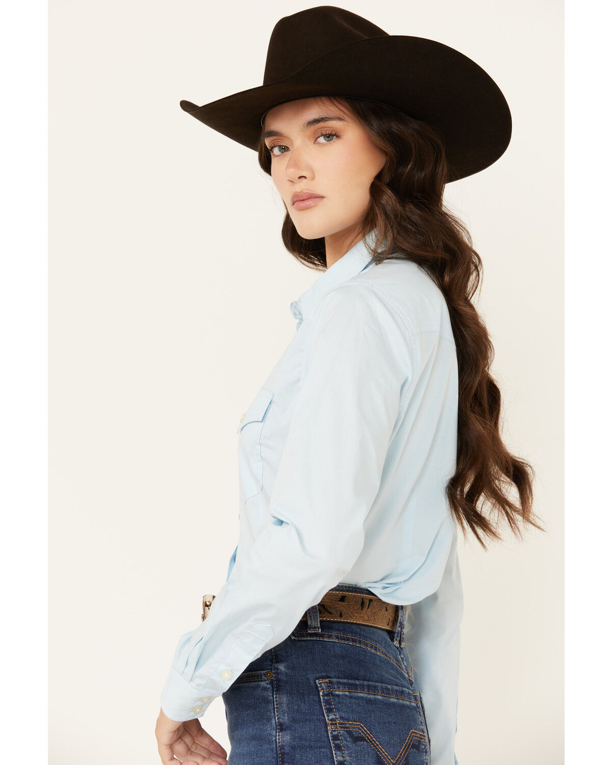 Image #2 - Wrangler Retro Women's Solid Long Sleeve Button-Down Stretch Western Shirt, Light Blue, hi-res