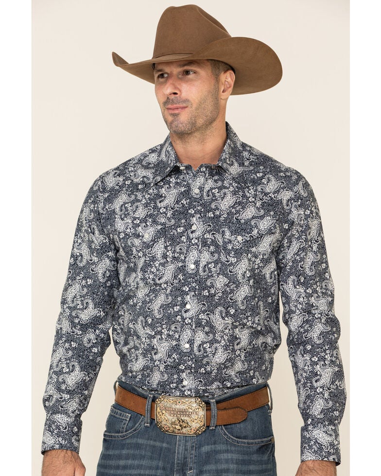 Rock & Roll Cowboy Men's Navy Paisley Print Long Sleeve Western Shirt