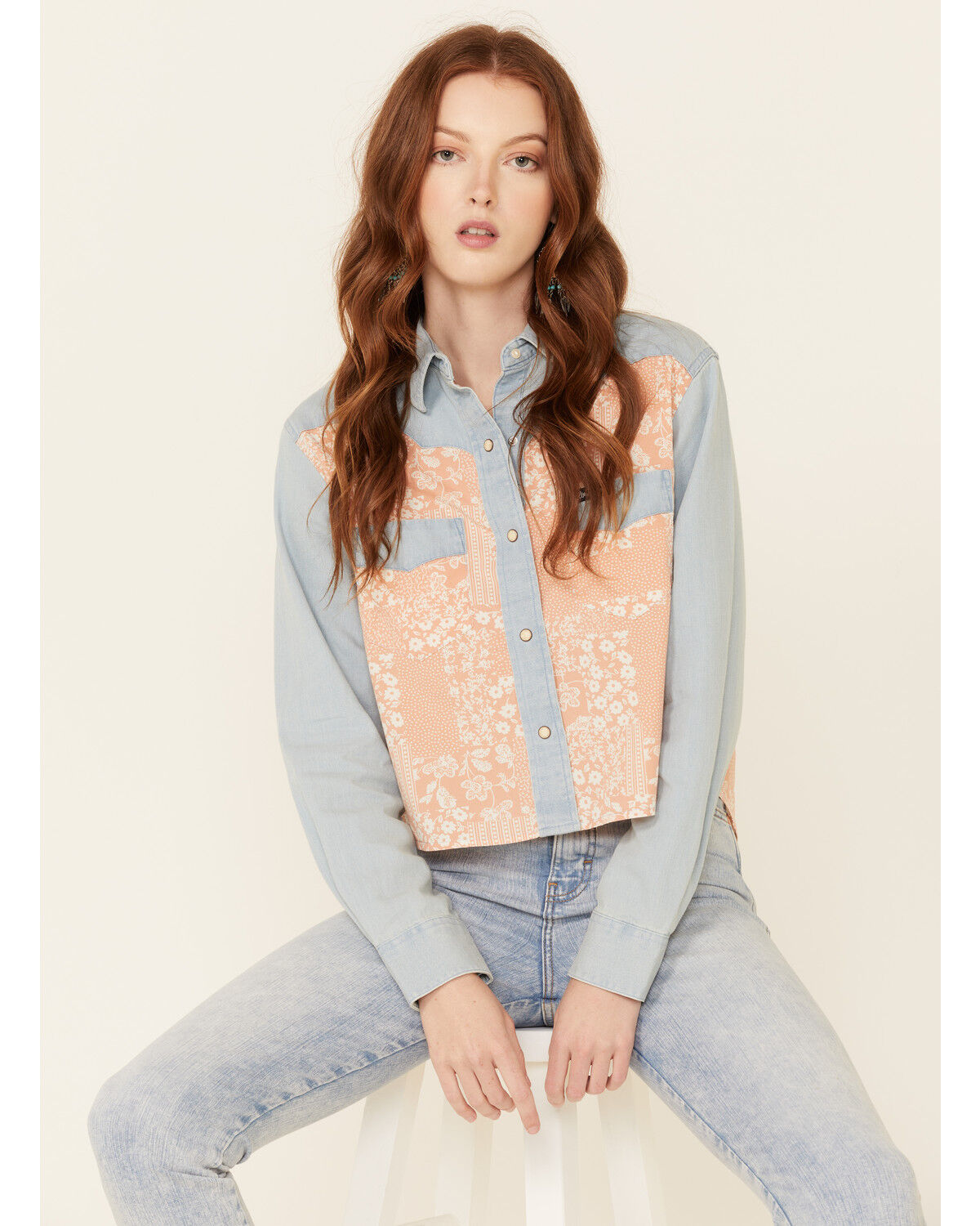 Image #1 - Wrangler Women's Chambray Floral Overlay Long Sleeve Snap Western Shirt, Mauve, hi-res