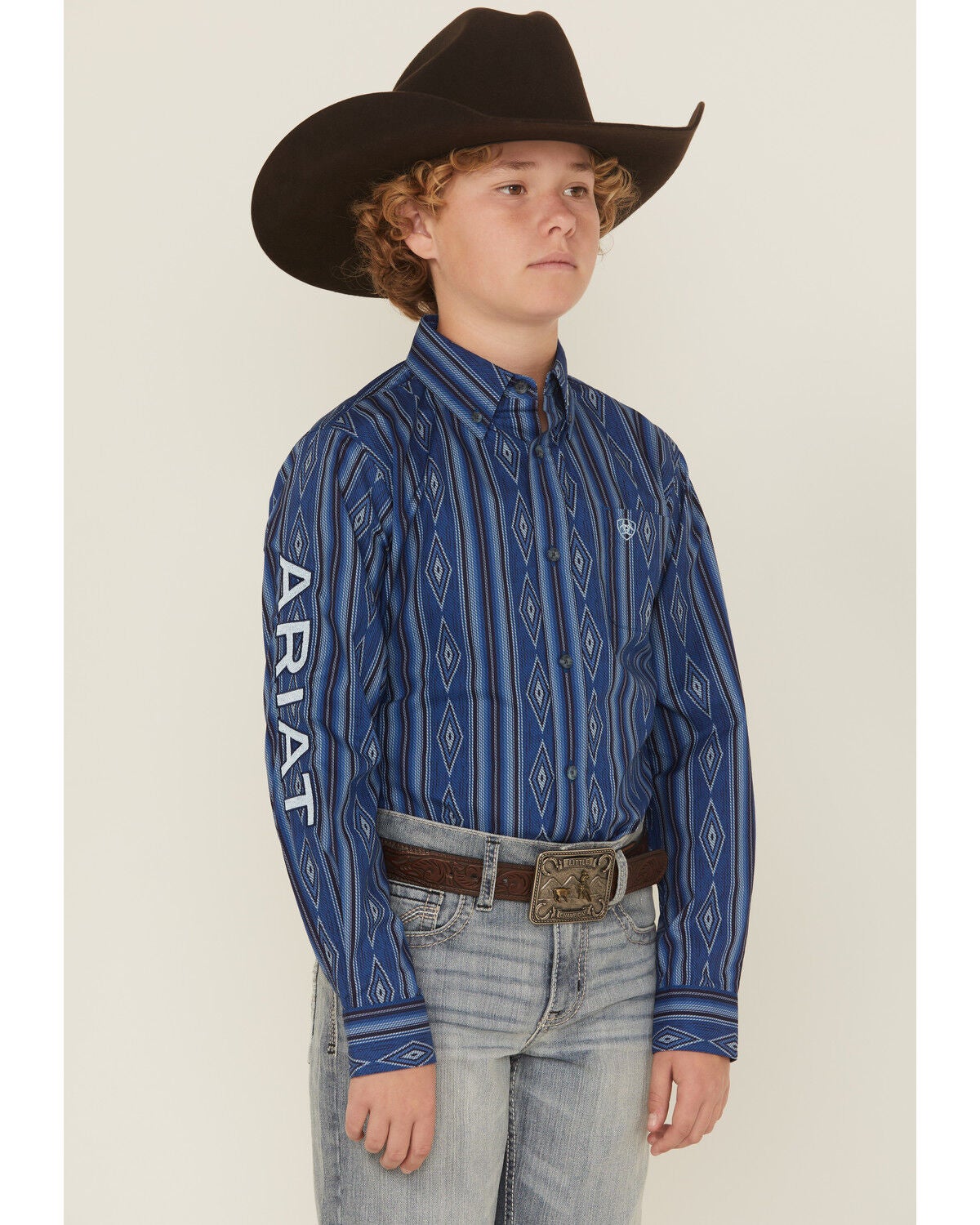Ariat Boys' Southwestern Striped Long Sleeve Button-Down Western Shirt, Blue, hi-res