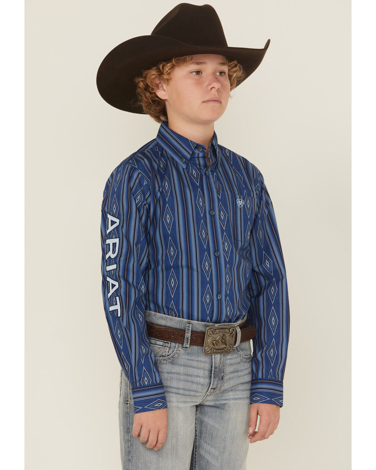 Image #1 - Ariat Boys' Southwestern Striped Long Sleeve Button-Down Western Shirt, Blue, hi-res
