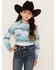 Image #1 - Cowgirl Hardware Girls' Beach Serape Striped Long Sleeve Snap Western Shirt , Turquoise, hi-res