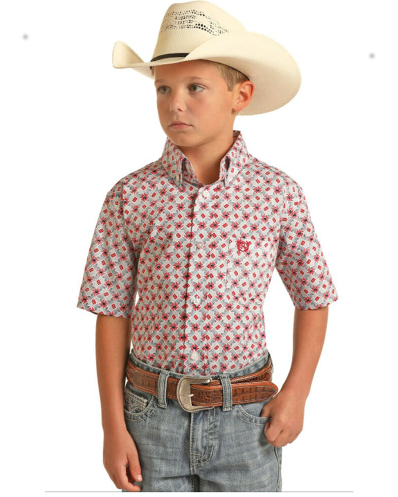 Panhandle Boys' Poplin Print Button Shirt, Tan, hi-res