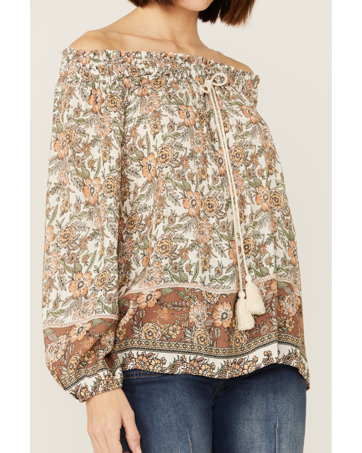Image #2 - Wild Moss Women's Cream Floral Border Print Off Shoulder Woven Top, Cream, hi-res