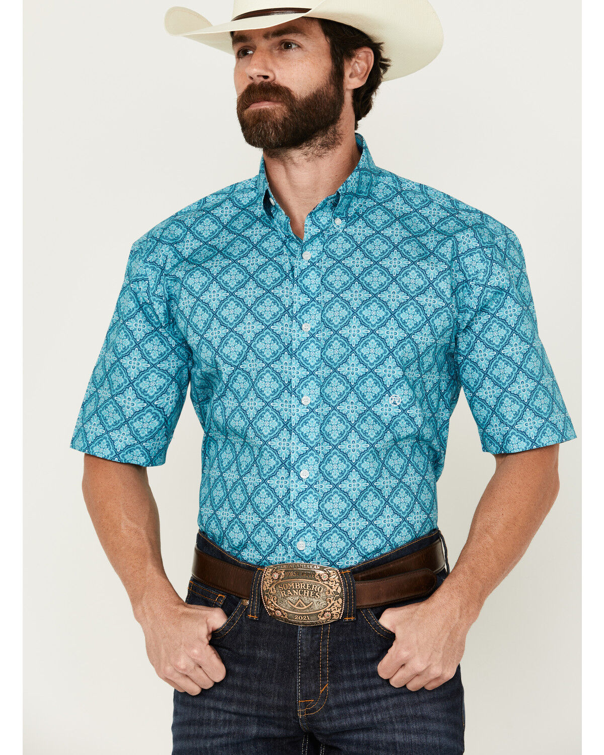 Image #1 - Roper Men's Amarillo Medallion Print Short Sleeve Button-Down Western Shirt, Turquoise, hi-res