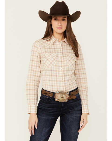 Wrangler Retro Women's Plaid Print Long Sleeve Pearl Snap Western Shirt , Cream, hi-res