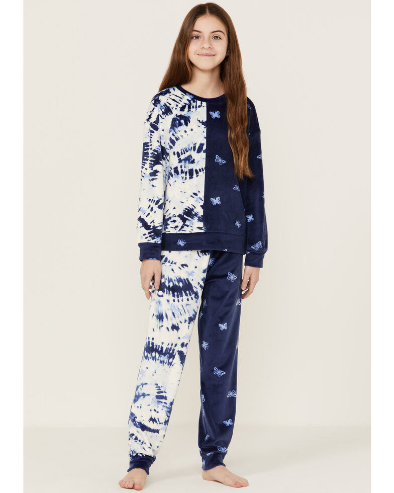 Shyanne Youth Girls' Blueprint Tie Dye & Butterfly Print Two-Tone Sweatpants Set, Blue, hi-res