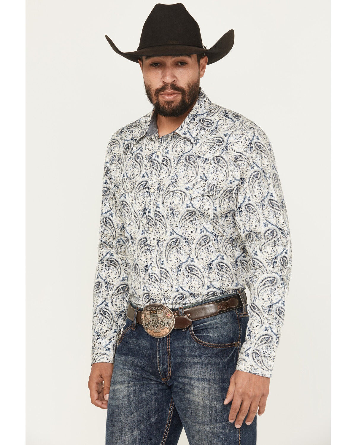 Cody James Men's Rodeo Runway Paisley Print Long Sleeve Snap Shirt, Blue, hi-res
