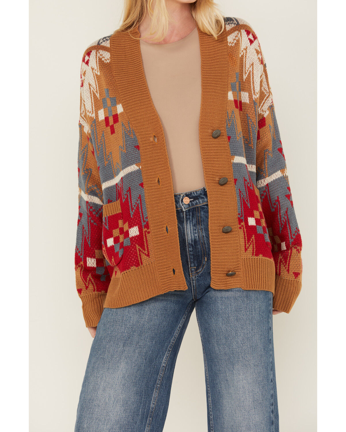 Image #3 - Wrangler Women's Southwestern Print Boyfriend Cardigan, Chocolate, hi-res