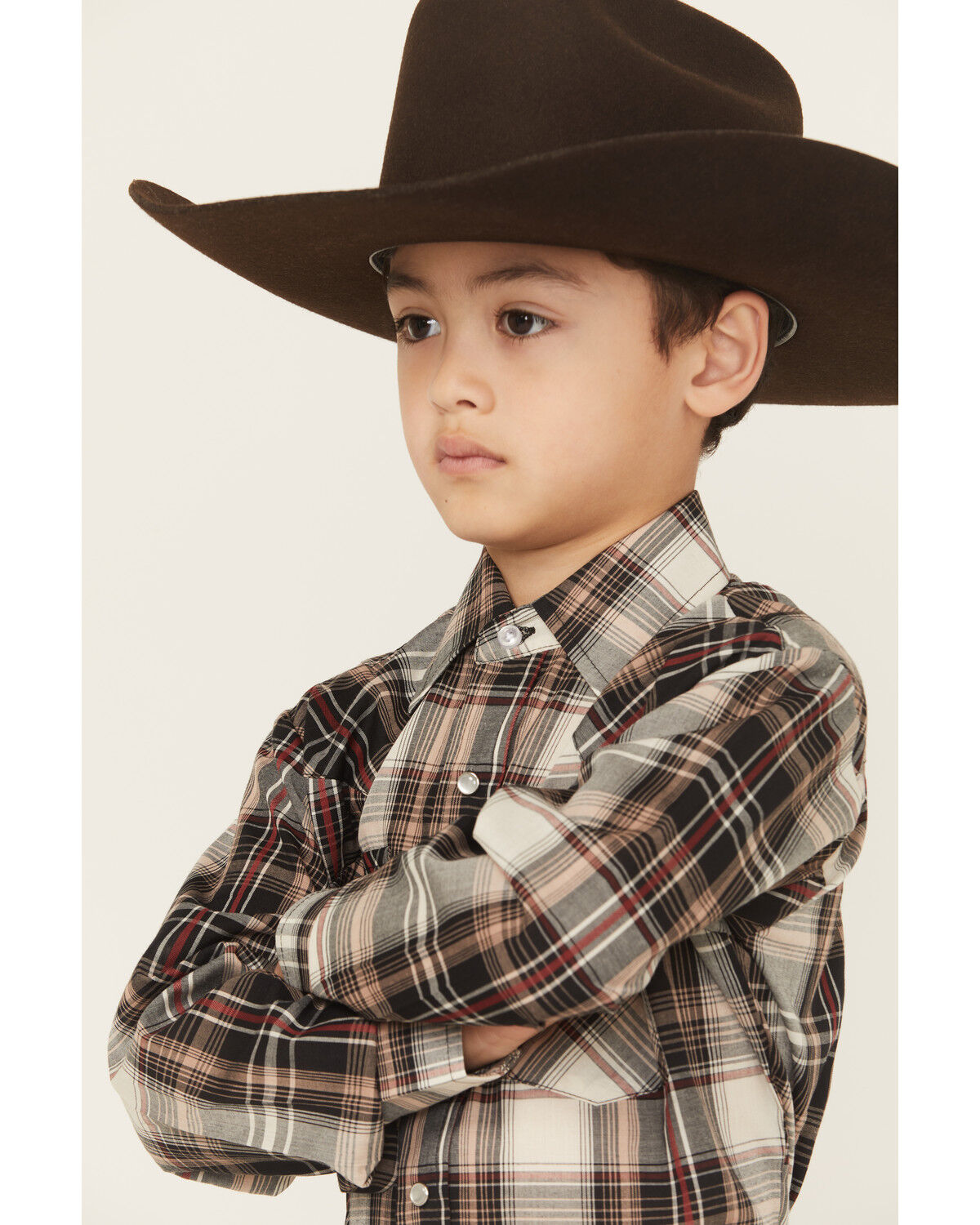 Image #2 - Ely Walker Boys' Plaid Print Long Sleeve Snap Western Shirt, Khaki, hi-res