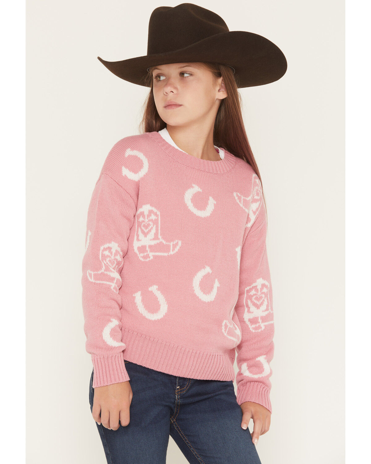 Image #1 - Self Esteem Girls' Horseshoe and Boots Sweater, Pink, hi-res