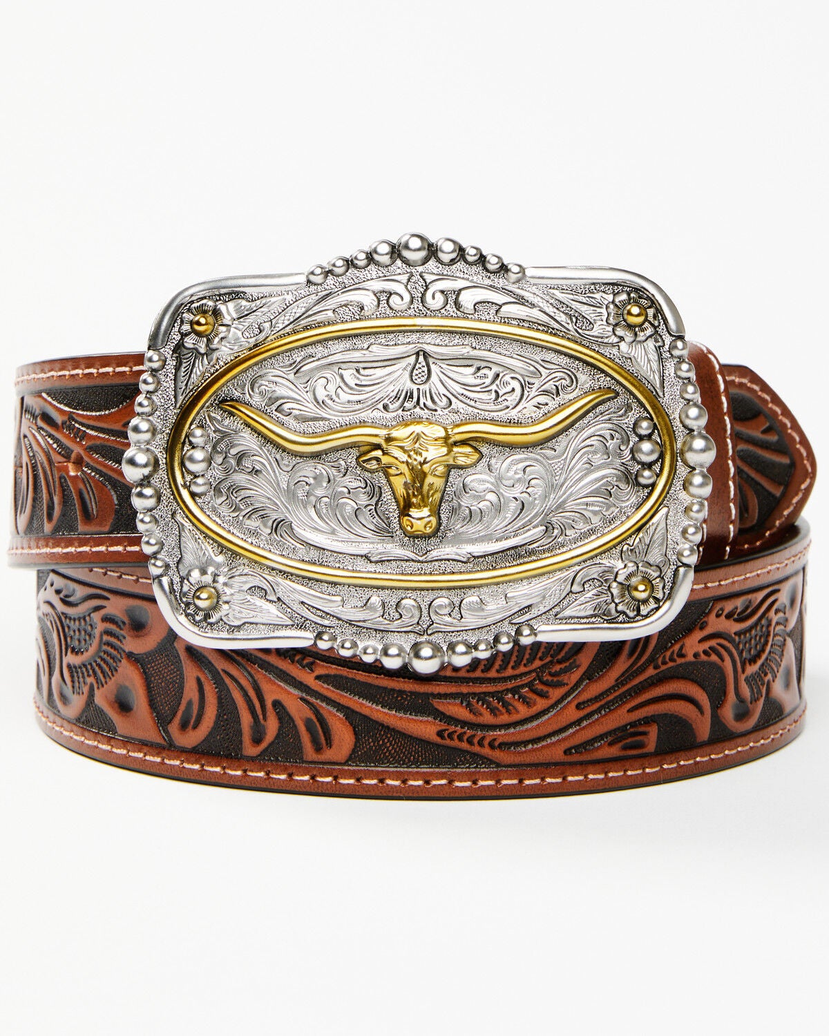 Cody James Men's Tooled Longhorn Buckle Belt, Tan, hi-res