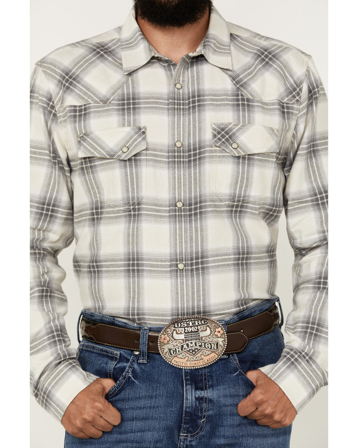 Image #3 - Blue Ranchwear Men's Hawkins Plaid Print Long Sleeve Snap Western Shirt, Grey, hi-res