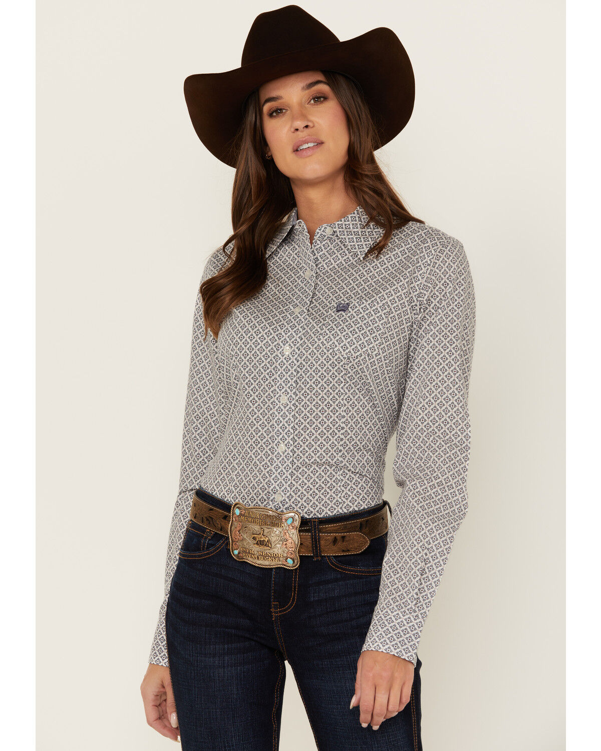 Image #1 - Cinch Women's Printed Long Sleeve Button-Down Western Shirt, Cream, hi-res